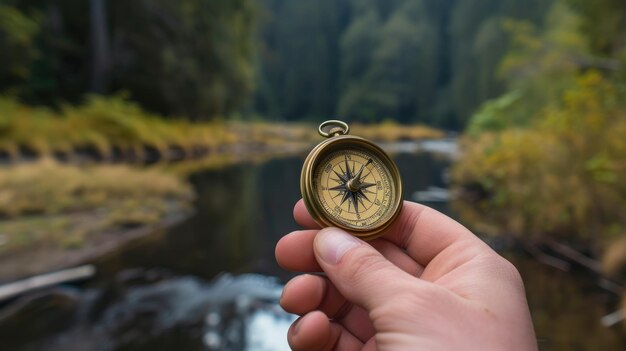 Photo an intriguing closeup of a hand holding a compass symbolizing exploration and adventure