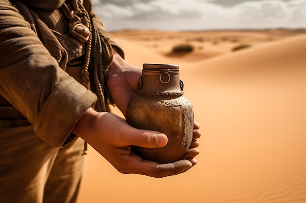 Photo an intriguing image of a desert explorer's sandcovered hand gripping a canteen generative ai