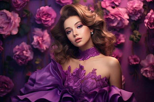 スタイリッシュな服を着た女の子が謎と創造性を加えた興味深い紫色の背景