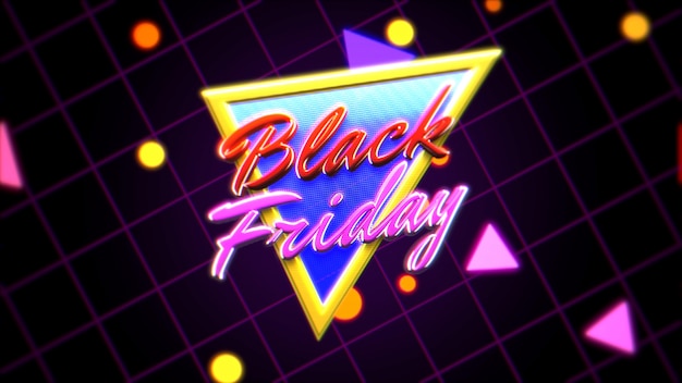 Foto testo introduttivo black friday e triangolo astratto retrò, sfondo retrò. stile dinamico elegante e lussuoso per l'illustrazione 3d di club e intrattenimento