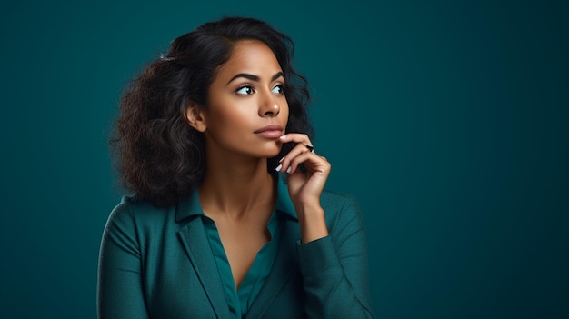 Introspective ethnic woman deliberates reply on muted teal backdrop