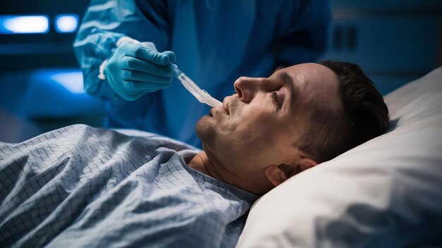 Intubated adult white man under avl lying in coma in intensive care department