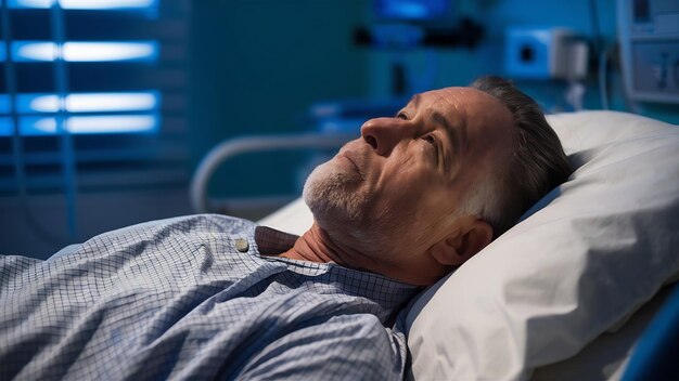 Photo intubated adult white man under avl lying in coma in intensive care department