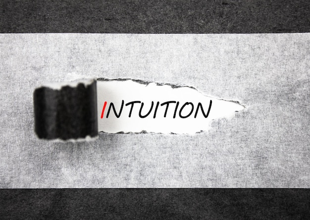 INTUITION 검은색과  ⁇ 색 종이에 적힌 텍스트 Intuition deception 텍스트 개념