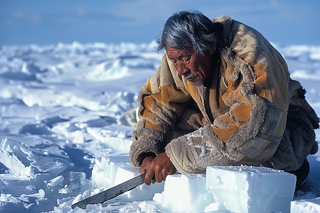 Инуитский ремесленник вырезает лед для укрытия в Арктике