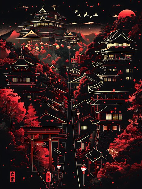 Inuyamas Castle With Mountaintop Street Scene Foliage Ropewa Collage Contrast Concept Design Art