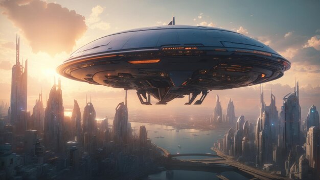 Вторжение на закате корабля-носителя пришельцев над футуристическим городом