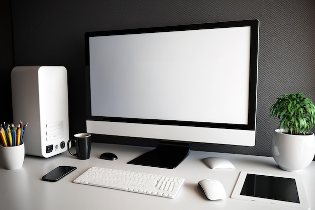 Inventieve desktop met een computerscherm dat helemaal wit is