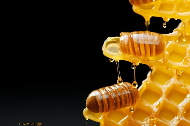 Inventieve tekst met fusion-honingthema draait om honingraat en druppels tegen een lichtgevende achtergrond