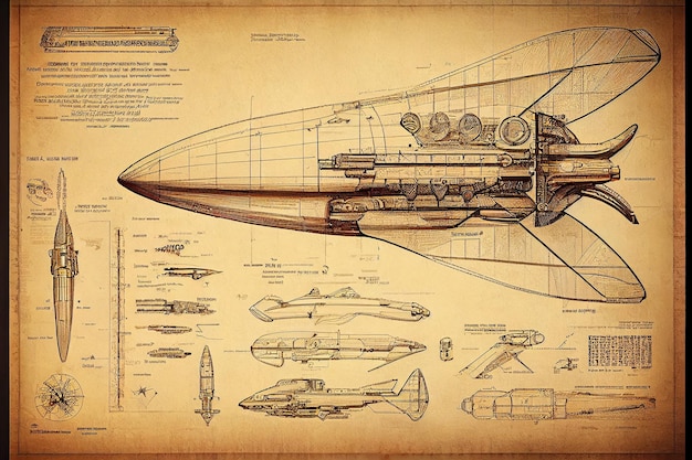 Invention Blueprint of airship on vintage paper Generative AI