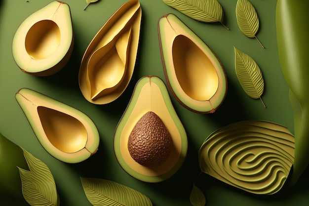 Изобретательный дизайн на основе авокадо Положите плоское понятие идеи макроуровня еды Фон зеленый