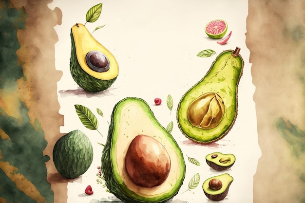 Inventive avocado layout with a watercolor backdrop Lay flat notion of food