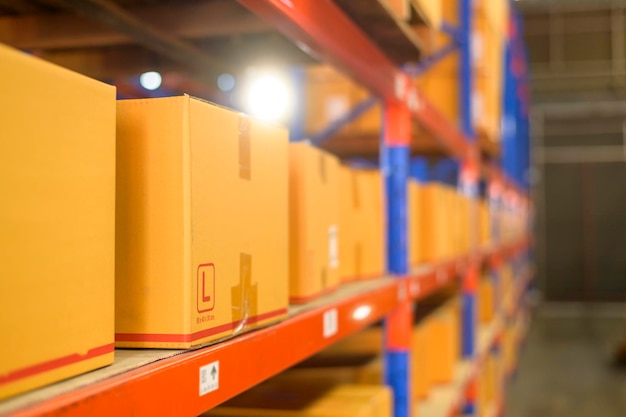 Inventory full of shelves in modern warehouse storage of retail\
shop