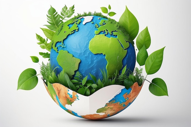 우리의 행성 지구에 투자하라 2023 컨셉 배경 생태학 컨셉 백색 배경에 고립 된 지구 지도 그림과 잎으로 디자인