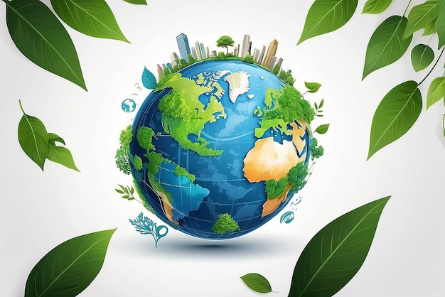 Invest in our planet Earth day 2023 concept background Ecology concept Design with globe map drawing and leaves isolated on white background