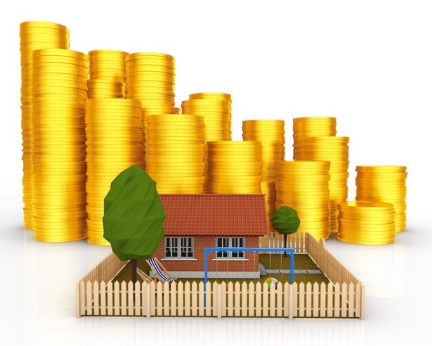 Invest in Real Estate concept. Small House with Stacks of Coins on a white background. 3d Rendering