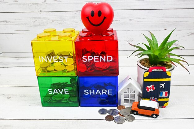 Invest spend save share savings money financial business wealth money assets allocated goal purposes future plan well management house vehicles cars growing traveling smiling expression