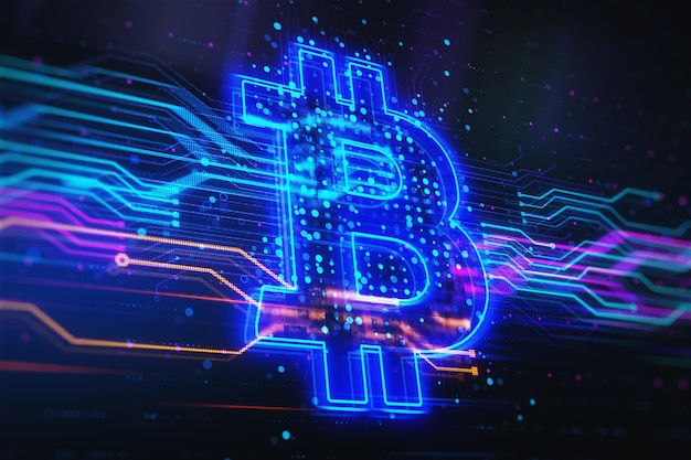 Investeren en cryptocurrency-concept met gloeiend helder digitaal bitcoin-teken en circuitlijnen op donkere technische achtergrond 3D-rendering