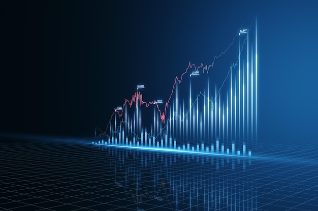 Investeren en economie groei concept met perspectief zicht op digitale financiële grafiek kandelaar op donkerblauwe handelaar monitor scherm achtergrond 3D-rendering
