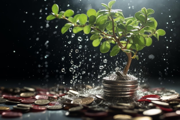 Foto investeringsconcept munten in pot en groene plant op donkere achtergrond