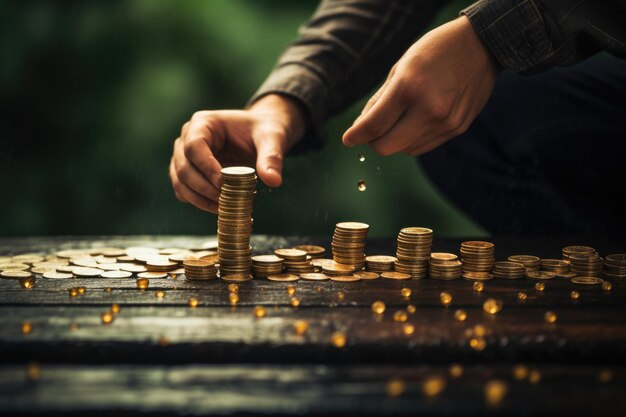 Investeringsconcept Stapel munten groeien op een houten tafel met bokeh achtergrond Een man die gouden munten op een bord plaatst die meerdere inkomstenstromen vertegenwoordigen AI gegenereerd