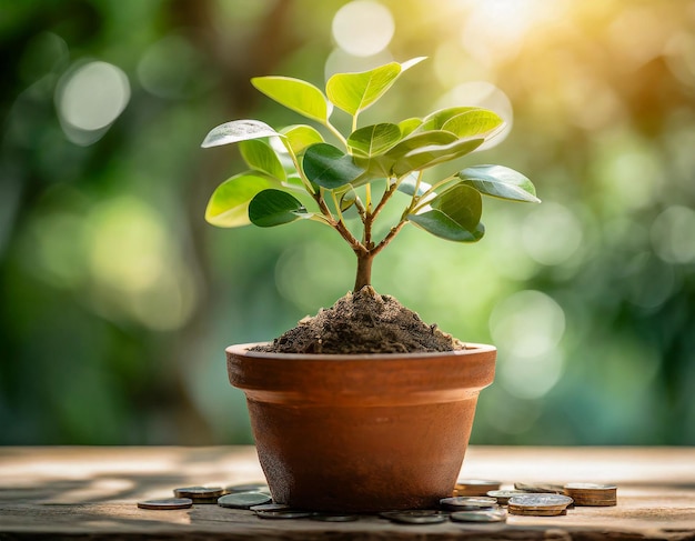 Investeringsinkomsten en groei worden vertegenwoordigd door een bloeiende groene boom die in een pot is geplant.