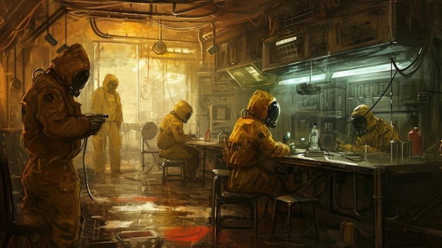 The investigator and their team in a decontamination chamber removing their biohazard suits and