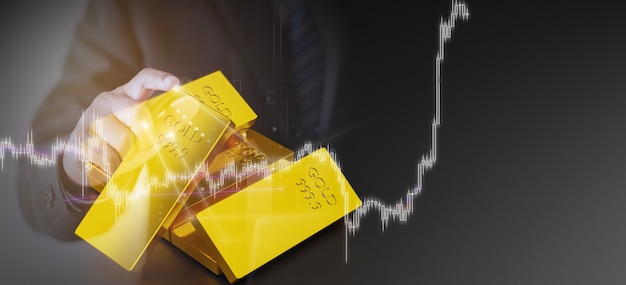 Инвестиции в золотые запасы, концепция торговли золотом, рендеринг 3d иллюстраций