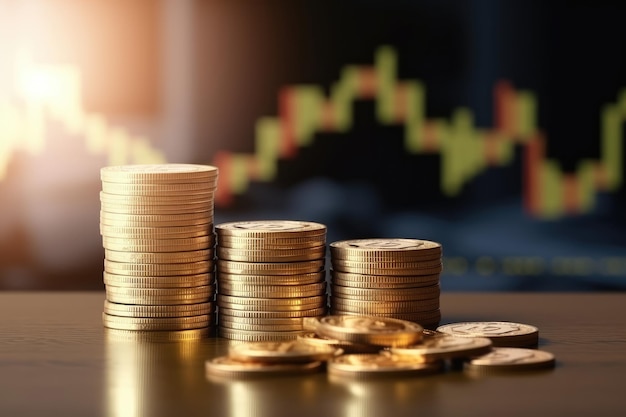 Investment concept Coins graph stock market with bokeh background