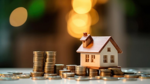 주택 대출의 투자 개념 동전과 h로 흐릿한 배경에서 집을 사기 위한 돈을 절약