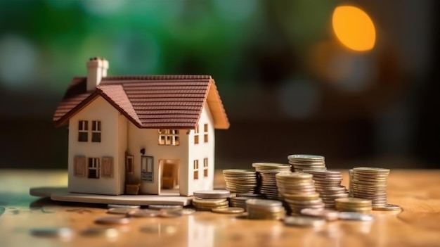 주택 대출의 투자 개념 동전과 h로 흐릿한 배경에서 집을 사기 위한 돈을 절약