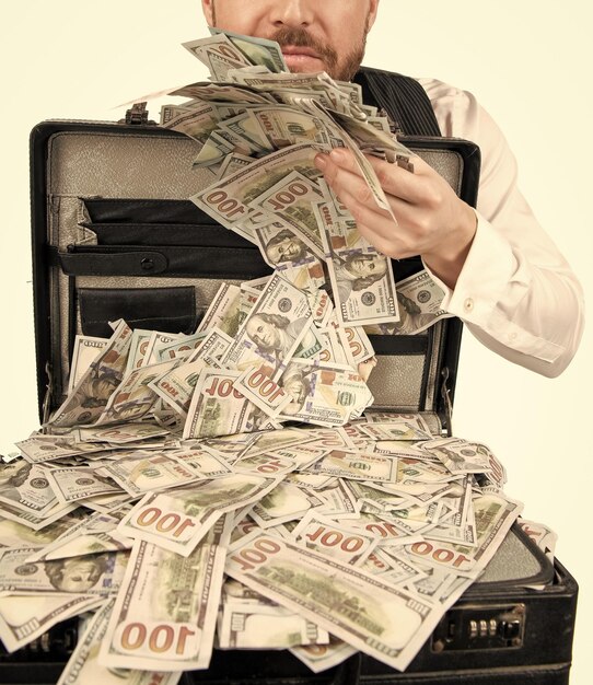 Photo investment cropped businessman with money bag investor hold case with dollars cash