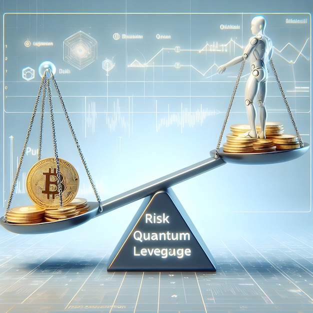 investment Crytocurrency concept Quantum Leverage A trader balancing on a seesaw one end labeled ri