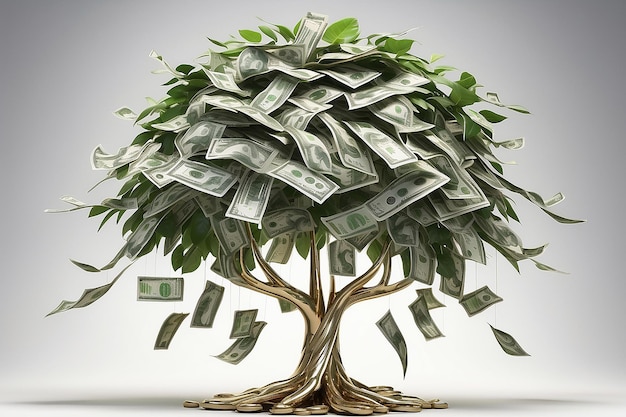 投資と金融の成長ビジネス コンセプト ビジネスマンが植木鉢にコインを入れ、緑の金のなる木に水をやる