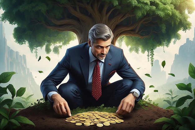 Investment and finance growth business concept Businessman putting a coin in flowers pot and watering green money tree