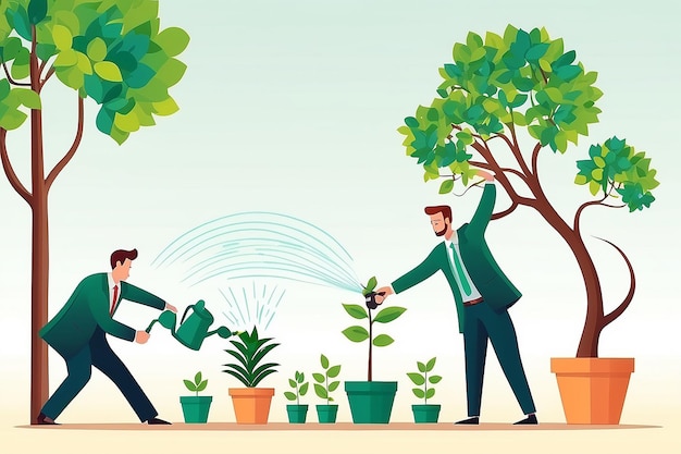 Инвестиции и финансирование роста бизнес-концепции Бизнесмен кладет монету в цветочный горшок и поливает зеленое дерево денег