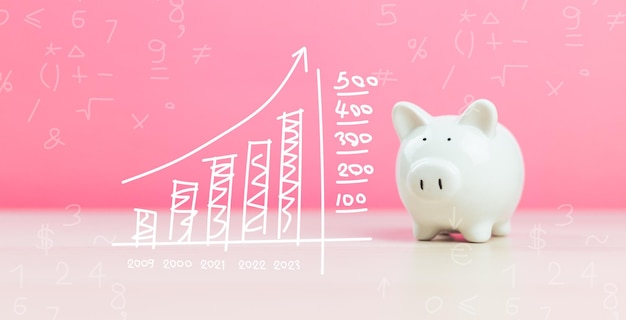 Photo investment future concept white piggy bank with chart of business financial on pink background graph success market economic analysis copy space object savings money