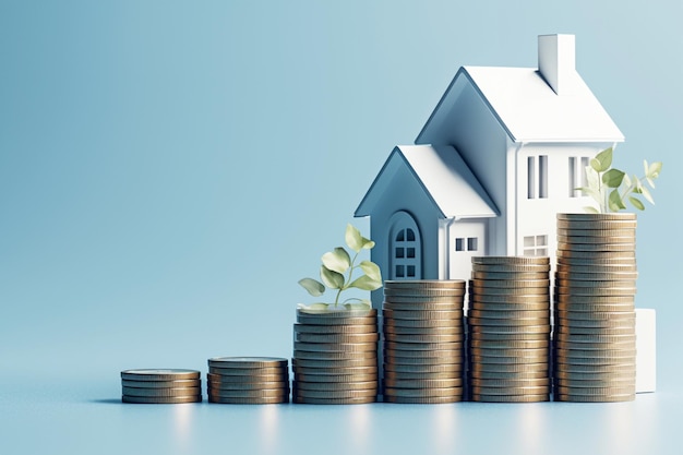 Investment strategy House model and coins for real estate savings