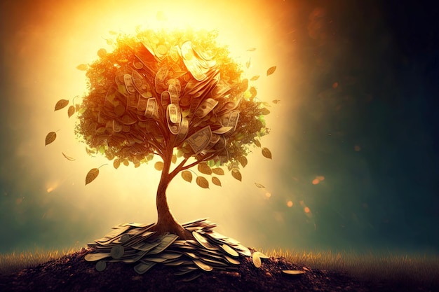 太陽の光を背景に金のなる木の投資と富