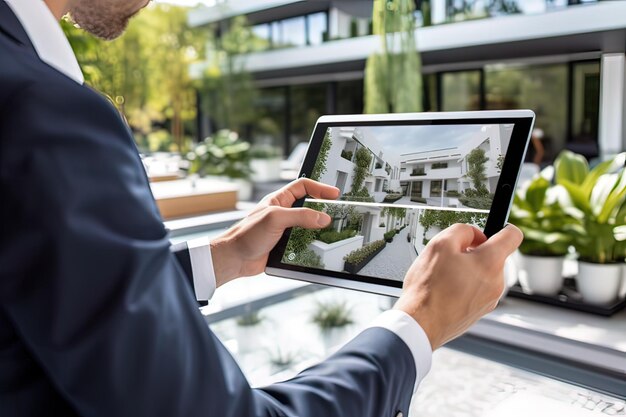 Photo investor analyzing architectural design on tablet