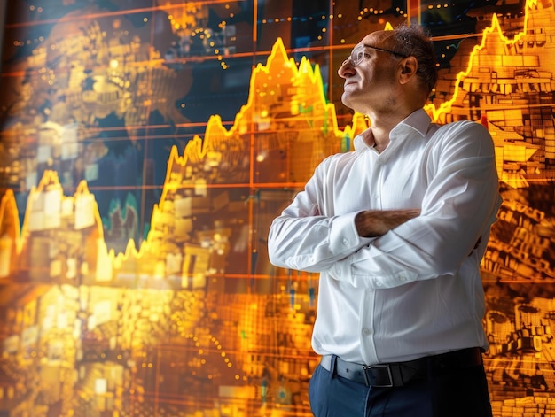 An investor confidently standing with arms crossed in front of a wall mural depicting a bullish gold market