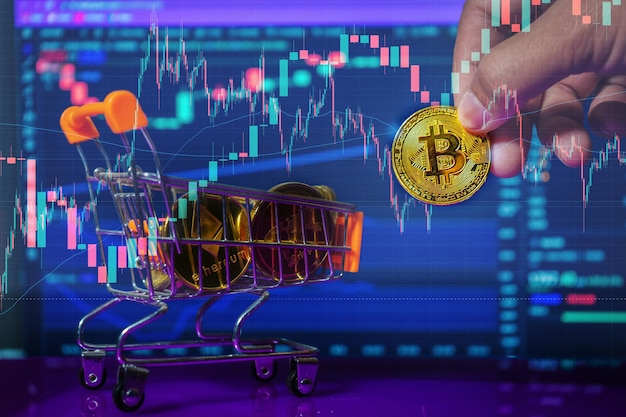 Investor taking bitcoins from cart. Cryptocurrency, virtual money. Blockchain technology, bitcoin trading concept