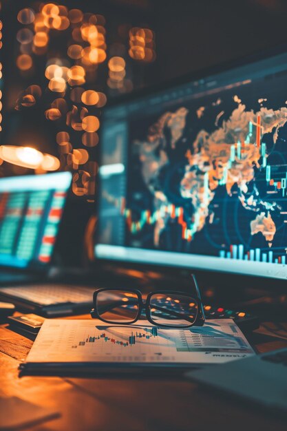 Investors analyzing financial data with stock market charts and world map bokeh background