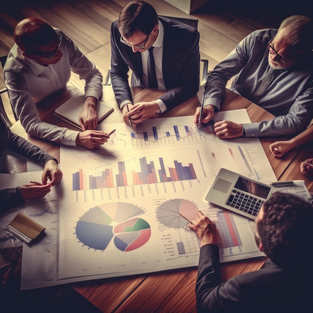 Investors discussing new plan financial graph data on office table Generative AI