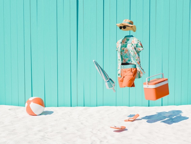 Foto concept dell'uomo invisibile con abbigliamento da spiaggia estivo su uno sfondo turchese