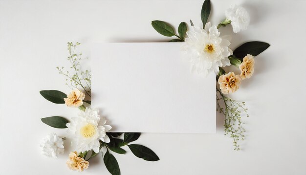 Photo invitation card mockup adorned with natural flowers offering a minimalist template for various occa