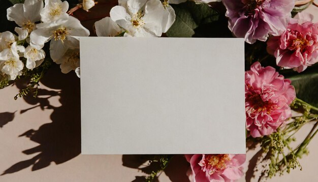 Photo invitation card mockup adorned with natural flowers offering a minimalist template for various occa