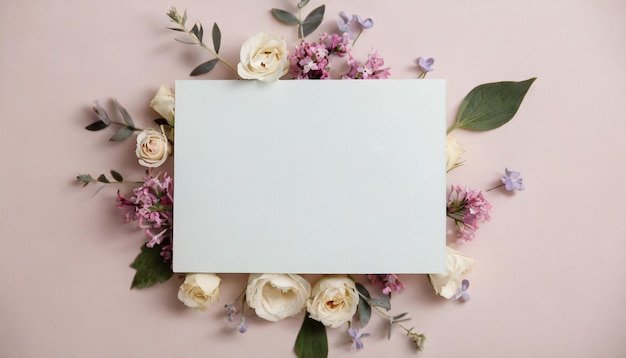 Photo invitation card mockup adorned with natural flowers offering a minimalist template for various occa