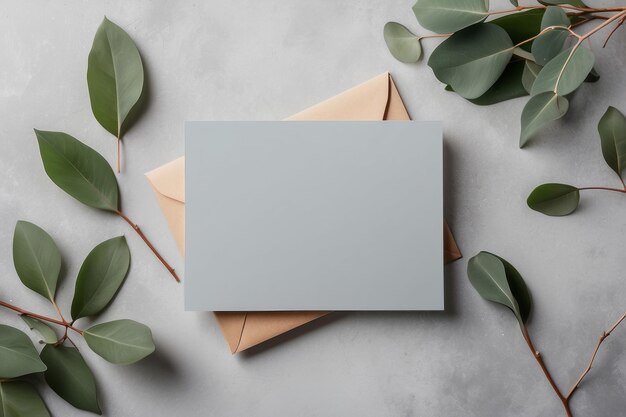 Invitation card mockup with eucalyptus twigs