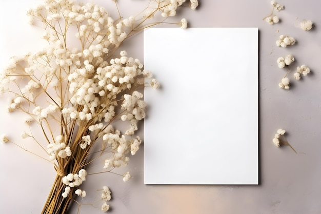 Invitation or greeting card mockup Blank white card and flowers gypsophila on neutral background